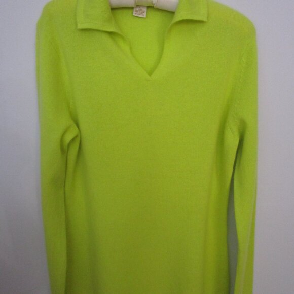 Chartreuse CASHMERE Pullover Sweater V Neck Polo Cuddly Knit Luxury - Picture 4 of 14